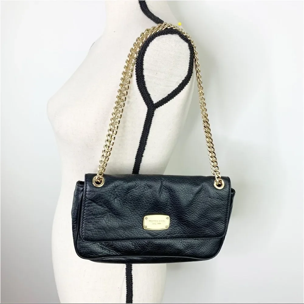 MICHAEL KORS Jet Set Black Leather/Double Gold‎ Chain Small Shoulder Bag